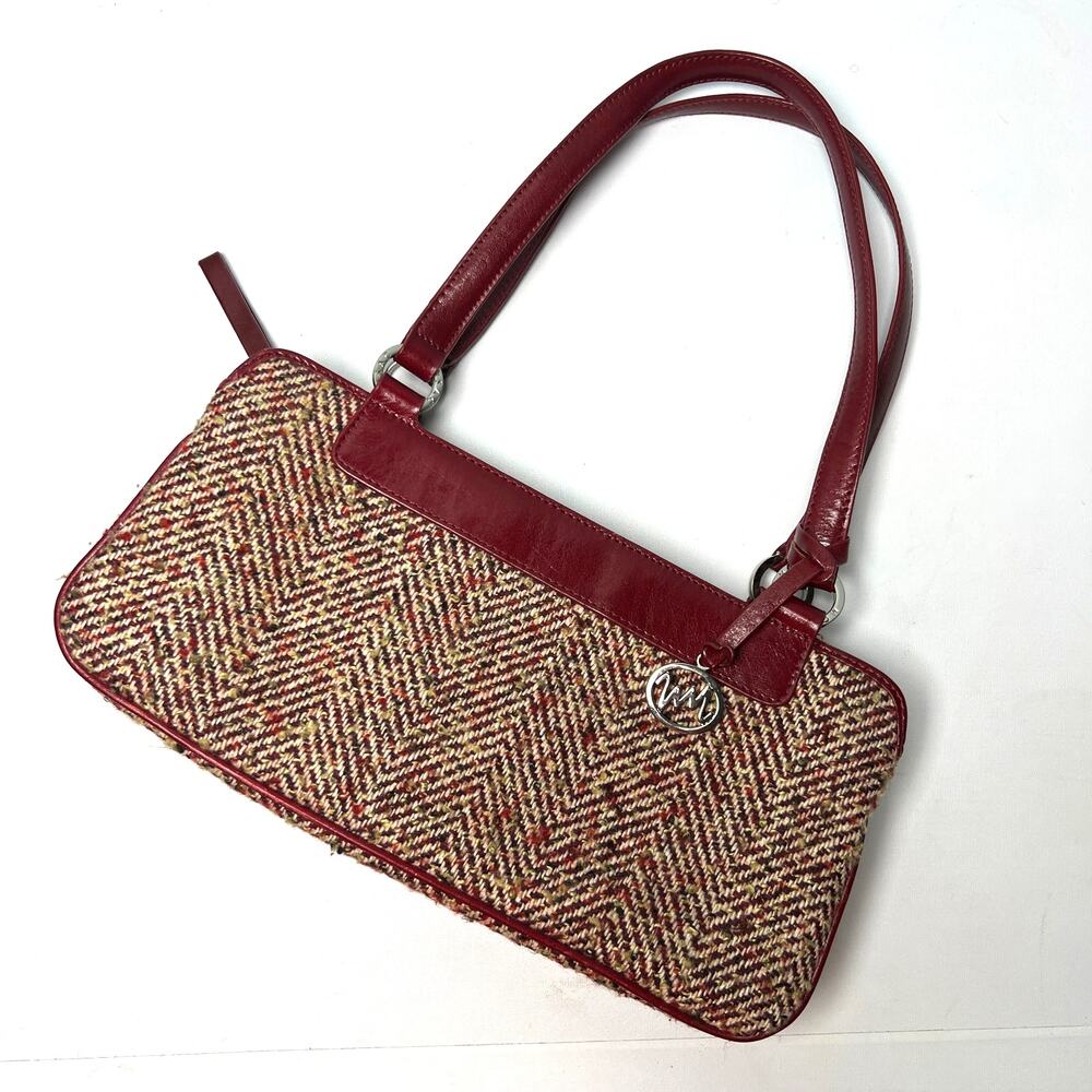 Monsac Burgundy Leather Tweed Top Handle Handbag Purse Logo Charm Vintage Y2K